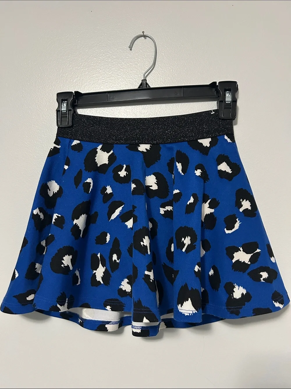 Justice Blue Leopard Print Skater Skirt with Black Glitter Waistband